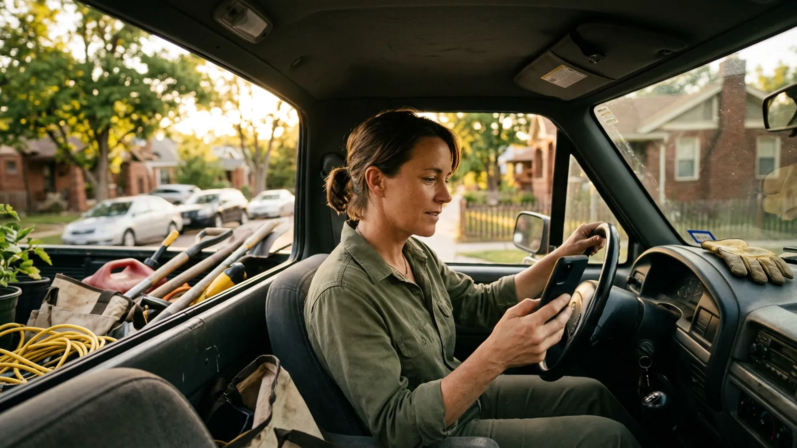A landscaper sitting in her work truck between jobs, checking her phone