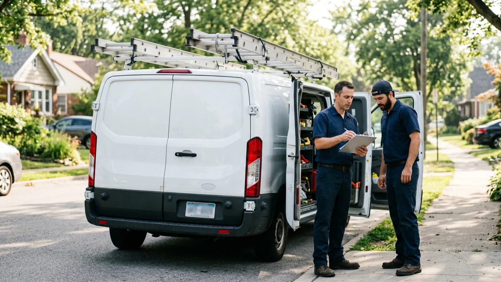 Two service technicians beside their work van reviewing a job checklist on a clipboard