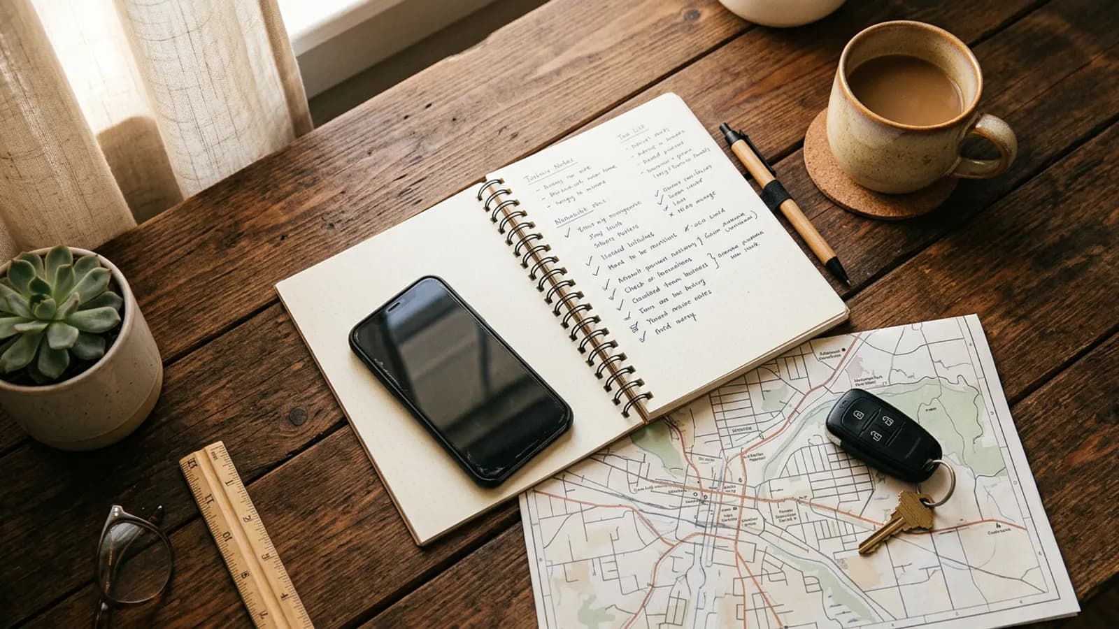 A desk seen from above with a notebook of job notes, a phone, truck keys and a local service-area map