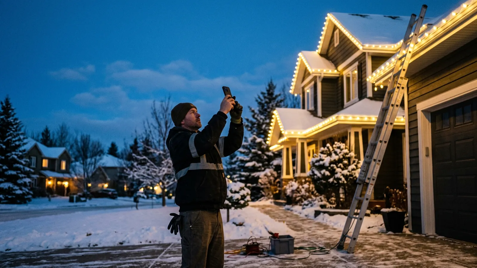 A holiday lighting installer photographing a finished roofline lighting job at dusk for his business profile