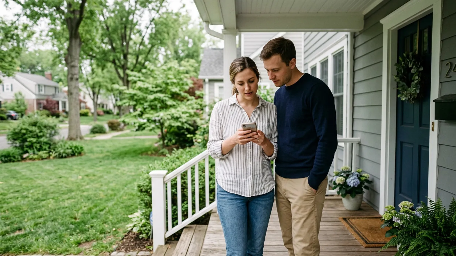 A homeowner couple on their front porch looking at a phone together, choosing a local service company
