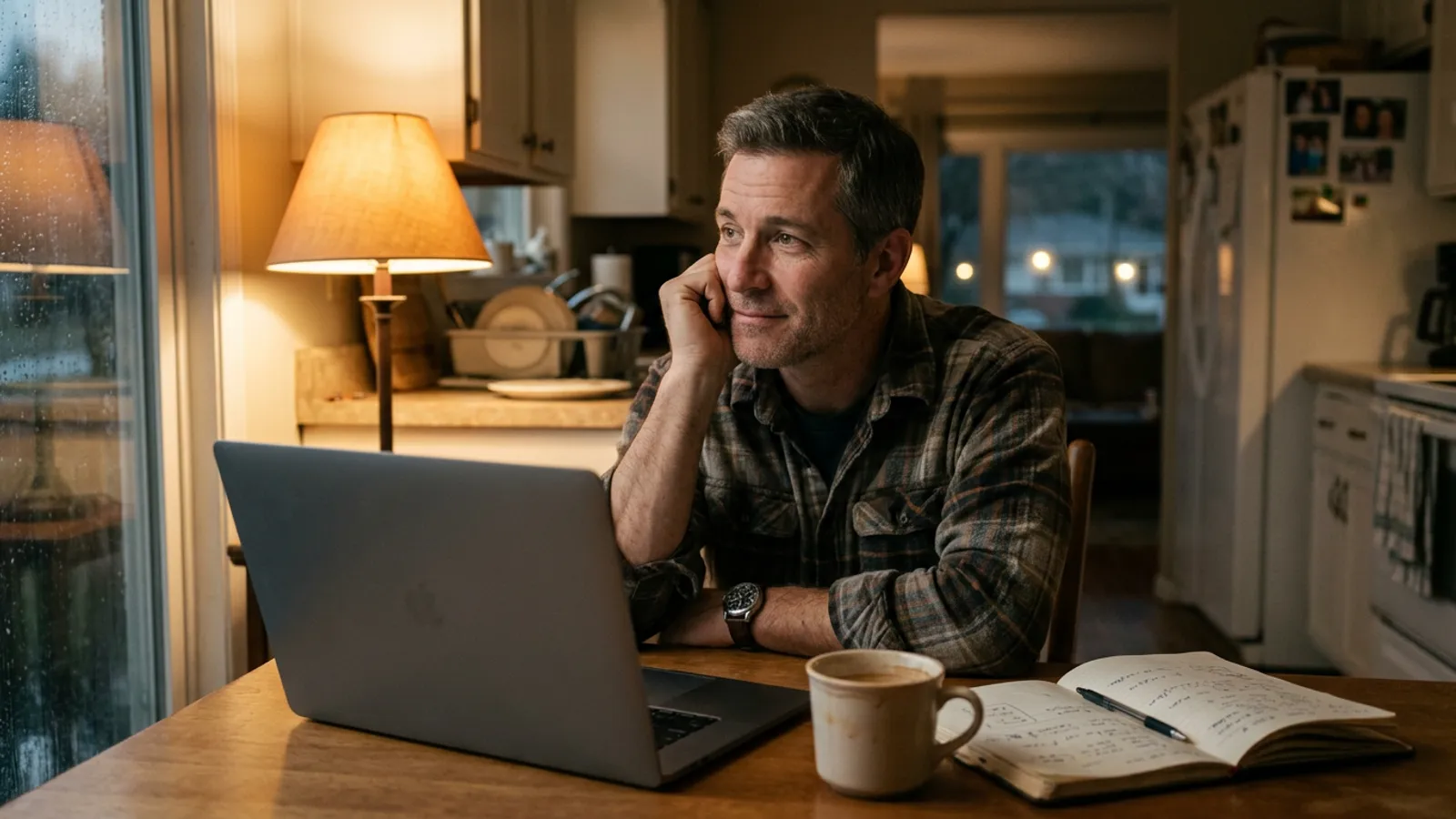 A local business owner on the phone at his kitchen table in the evening, laptop open, planning tomorrow's jobs