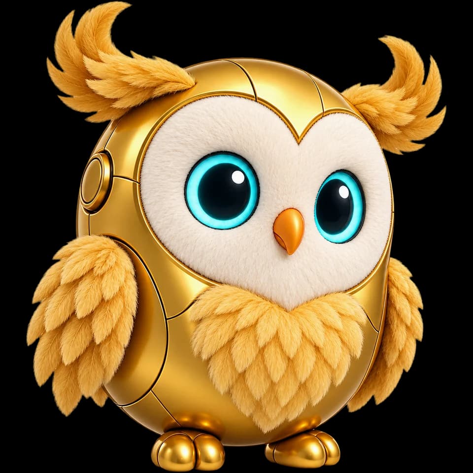 Tyto, the Hey Tyto mascot: a friendly gold robot owl with big turquoise eyes