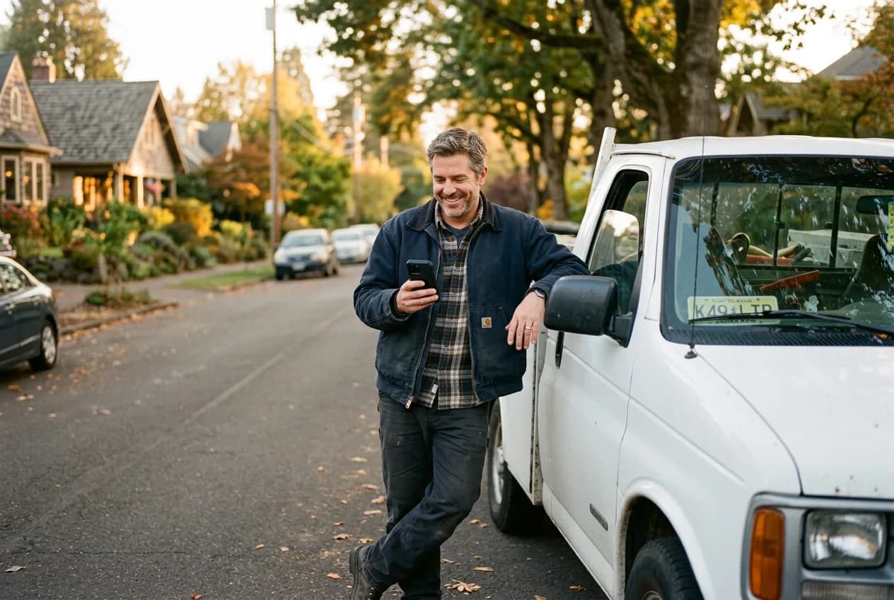 Un dueño de negocio sonriendo a su teléfono, recargado en su camioneta de trabajo