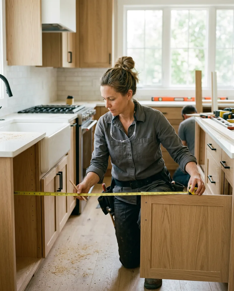 A contractor measuring cabinets in a bright kitchen remodel
