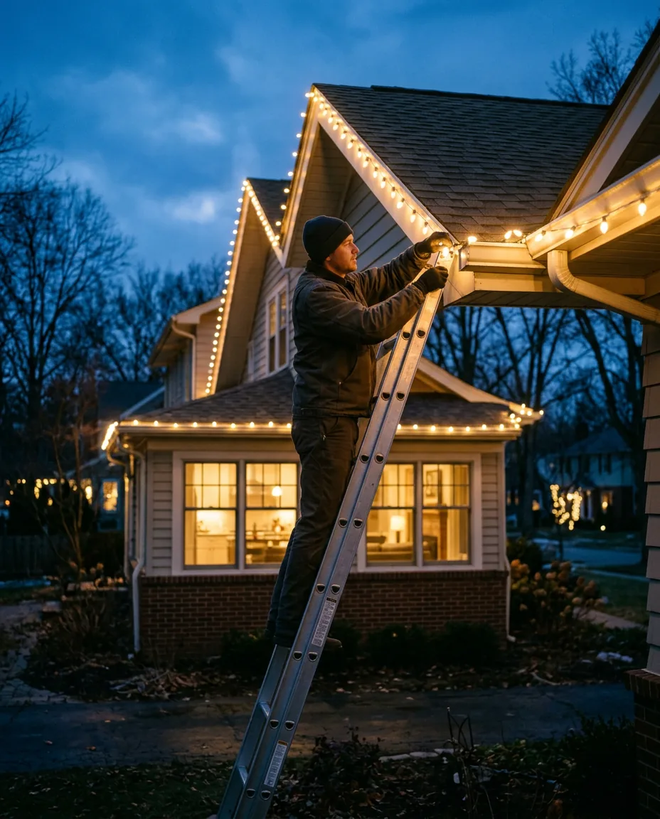 Un instalador en una escalera colgando luces blancas cálidas en el techo al atardecer