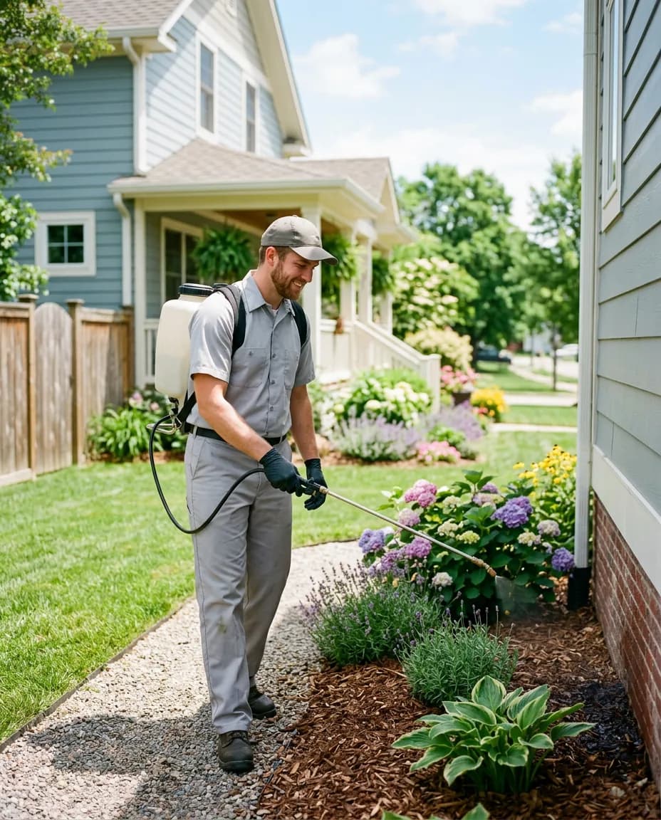 A pest control technician treating a garden bed beside a family home
