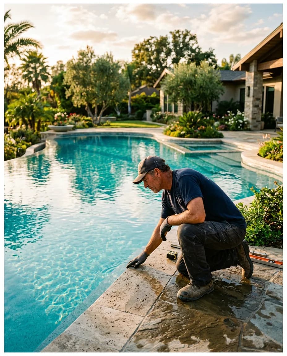 A pool builder kneeling at the edge of a newly finished backyard pool